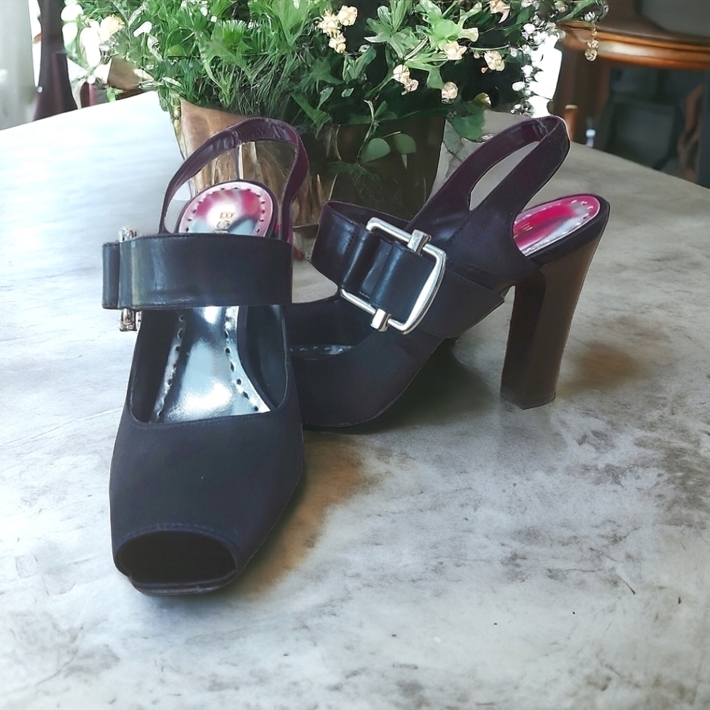 BCBGIRLS Black Satin Heels Size 7